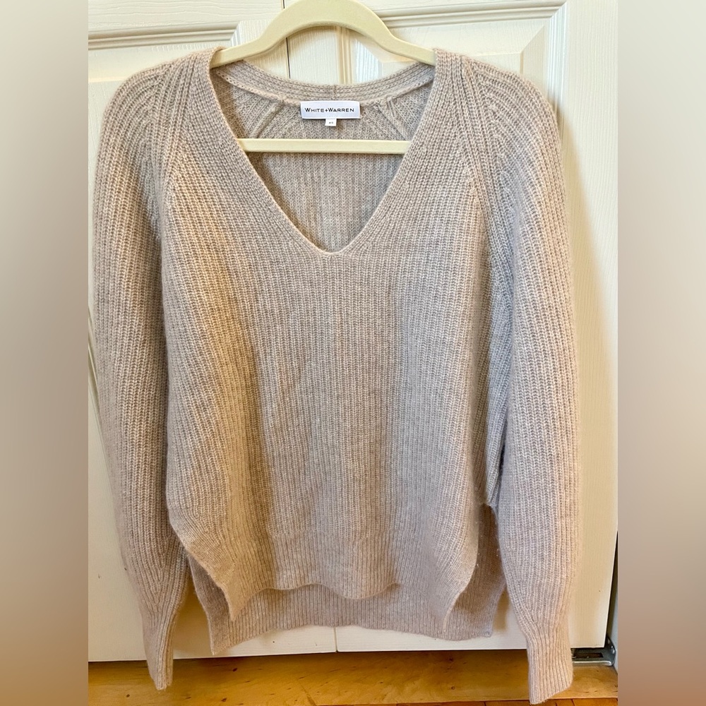 White + Warren Cashmere Beige V-Neck Sweater 
Beautiful and soft. High-low hem